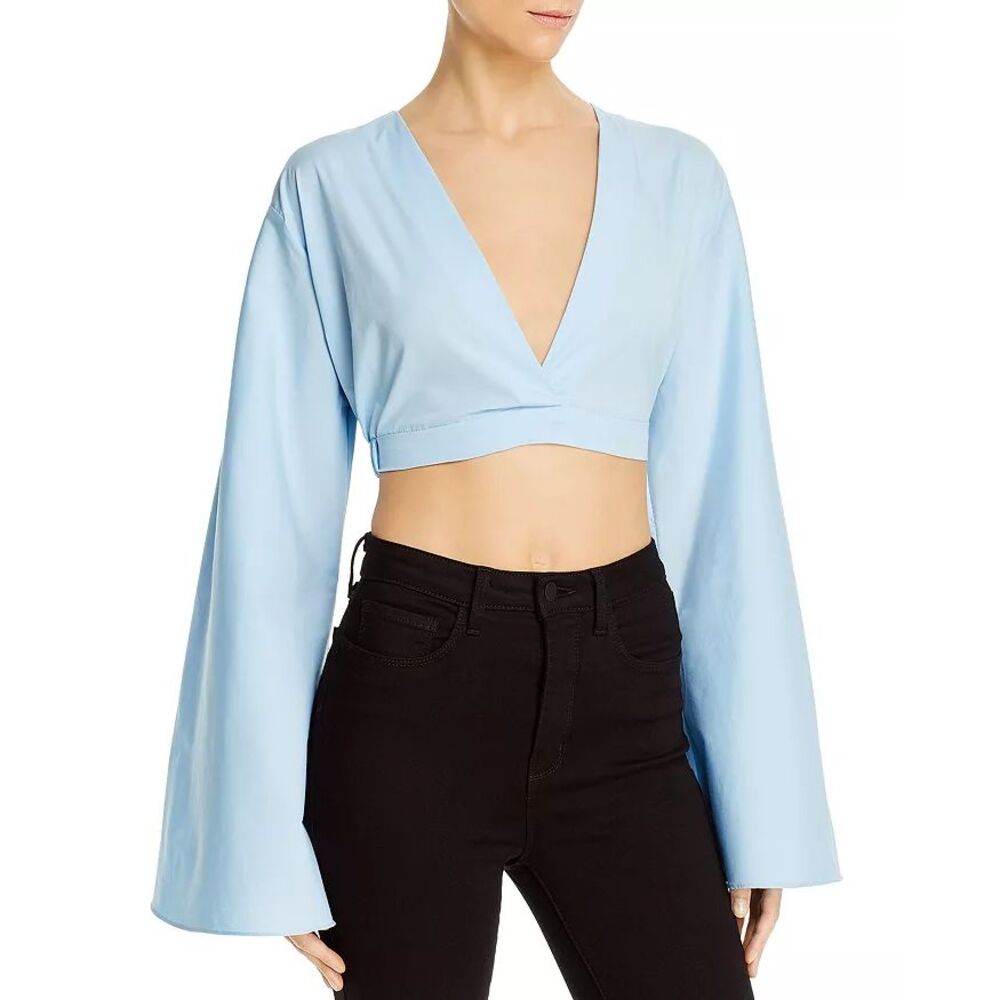 Fe Noel Maya Cropped Top Blue Cotton Bell Sleeve V-Neck Bloomingdales GT4006 XS